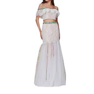 NEW ANGELA & ALISON cropped top prom dress in emerald/nude